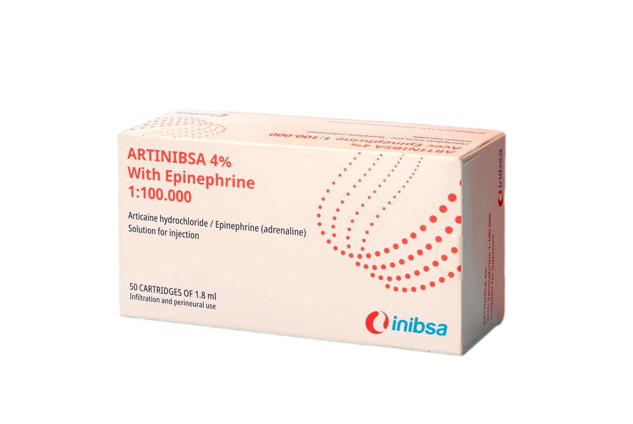 АРТІНІБСА З ЕПІНЕФРИНОМ 1:100.000 розчин для ін'єкцій; по 1,8 мг у картриджі; по 50 картриджів у картонній коробці